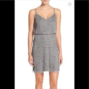 Adrianna Papell beaded short cocktail dress gray